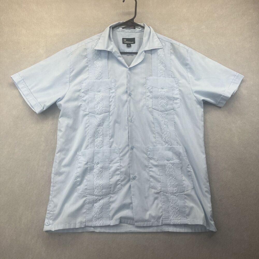 Omega Blue Cuban Style Mens M Short Sleeve Button Up 4 Pocket Shirt 15/15.5